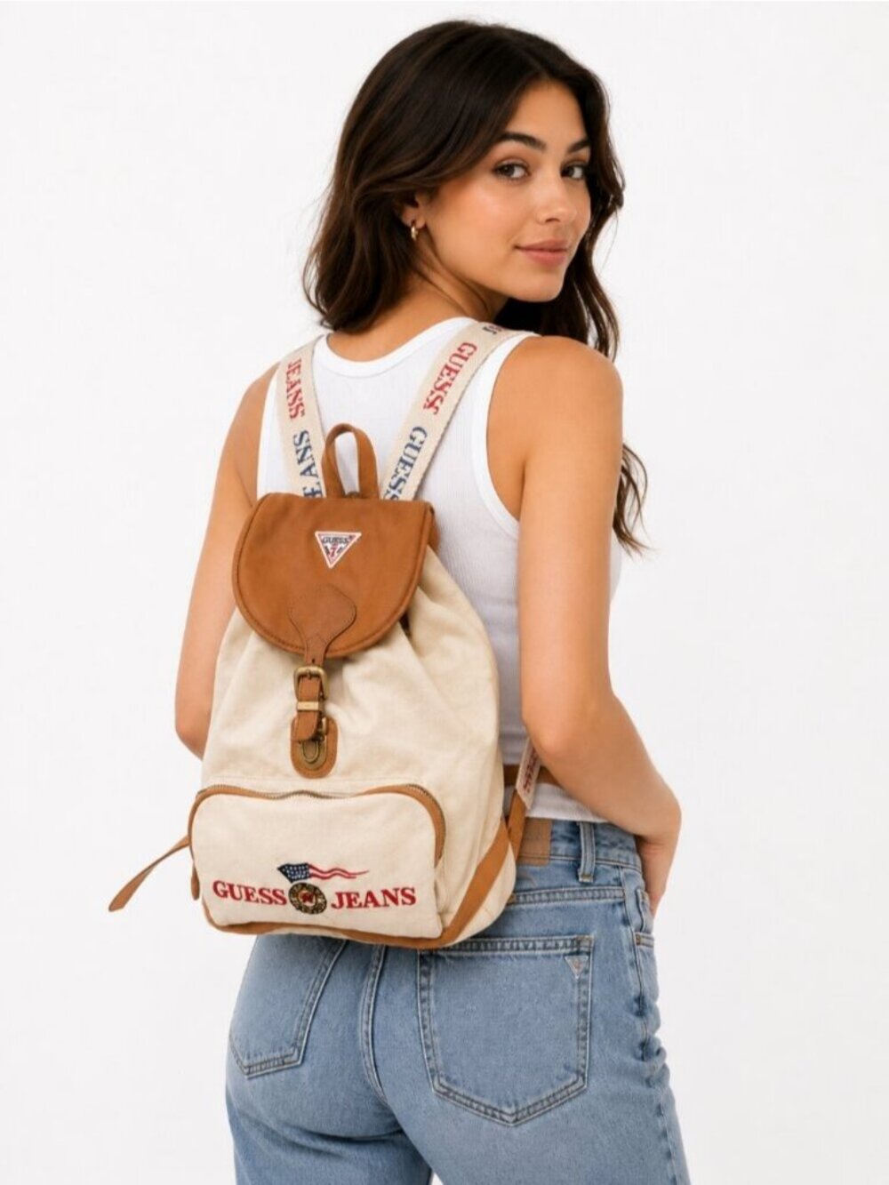 Vintage Guess Jeans Canvas Leather Canvas Backpack Cream Tan Logo Bag Y2K